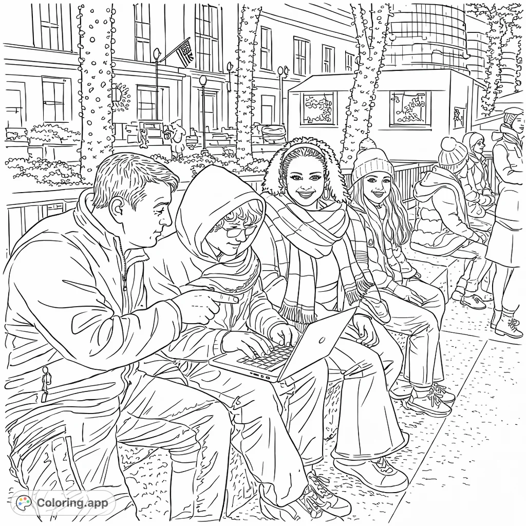 Capture the lively atmosphere of an urban night scene with friends, featuring people on a bench with a laptop and illuminated trees. A detailed city coloring page.