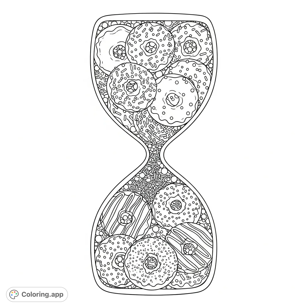 A unique hourglass filled with an abundant collection of various donuts and countless tiny sprinkles, creating a delightful and sugary scene.