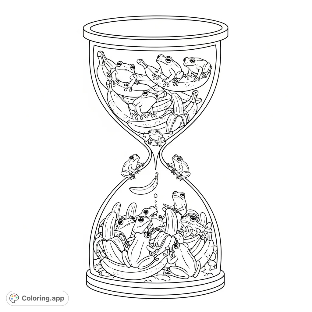 A quirky hourglass filled with playful frogs and abundant bananas, offering a unique and whimsical scene for a fun, free printable coloring page adventure.