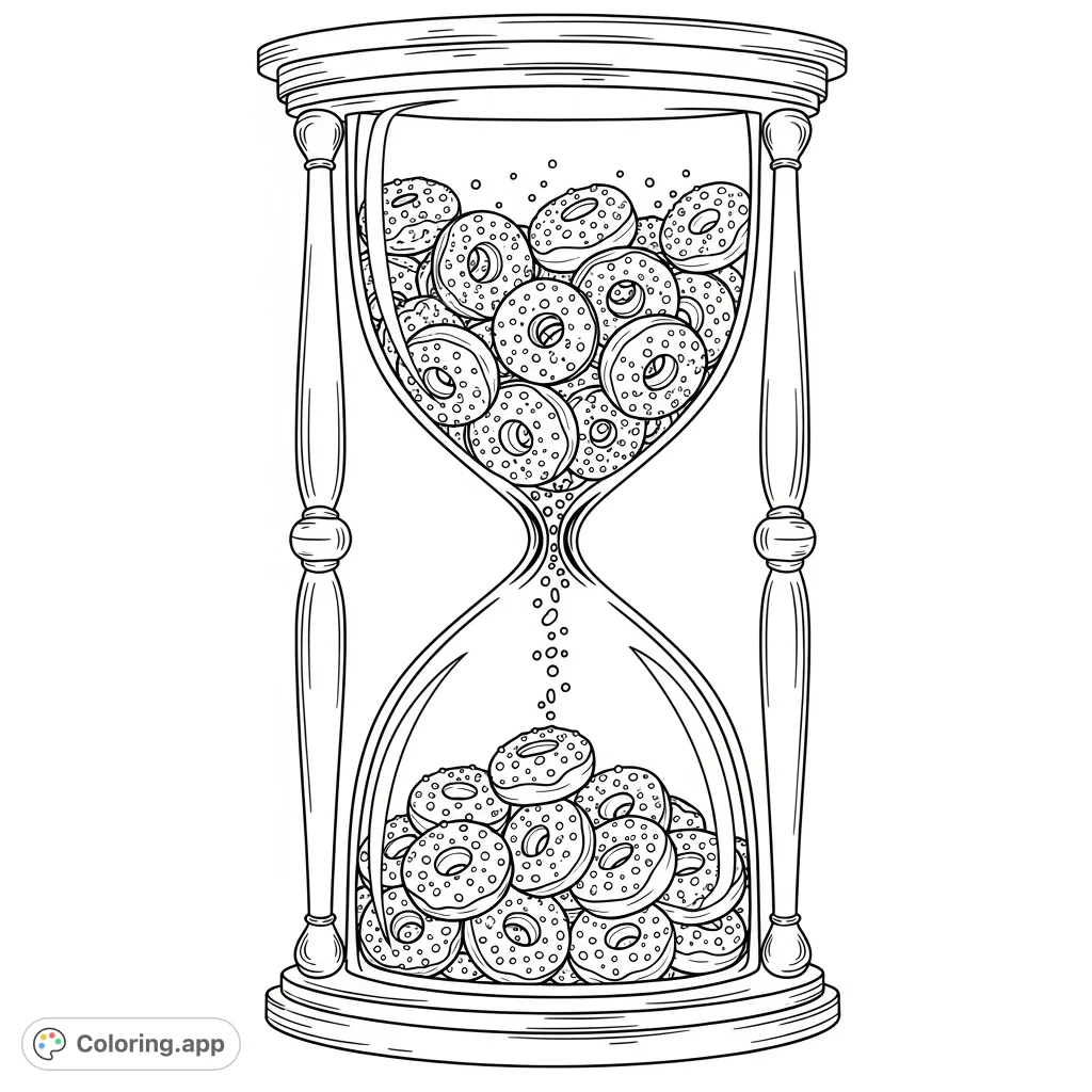 Discover a whimsical donut hourglass coloring page! Delight in an intricate design featuring tiny donuts flowing like sand, adorned with countless sprinkles.