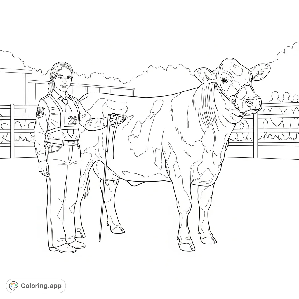 A proud 4-H girl showcases her prize-winning cow in a detailed farm scene. Perfect for aspiring agriculturists and animal lovers to color.