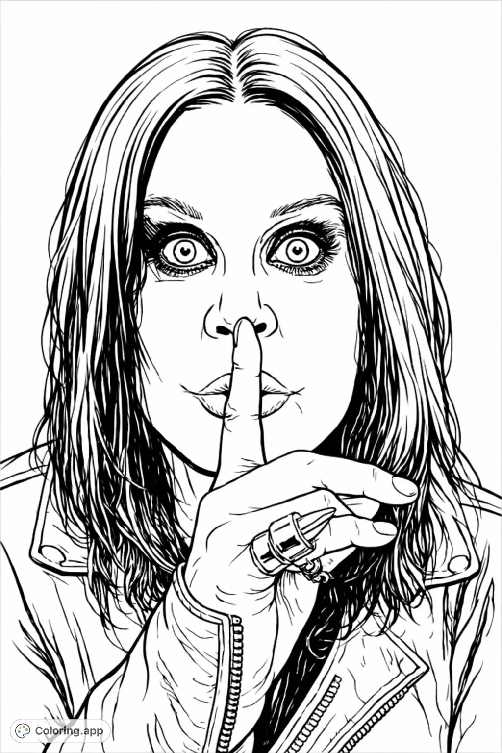 Capture the intense gaze and iconic 'shhh' gesture of a rock legend. A powerful image perfect for music fans and those seeking a unique artistic challenge.