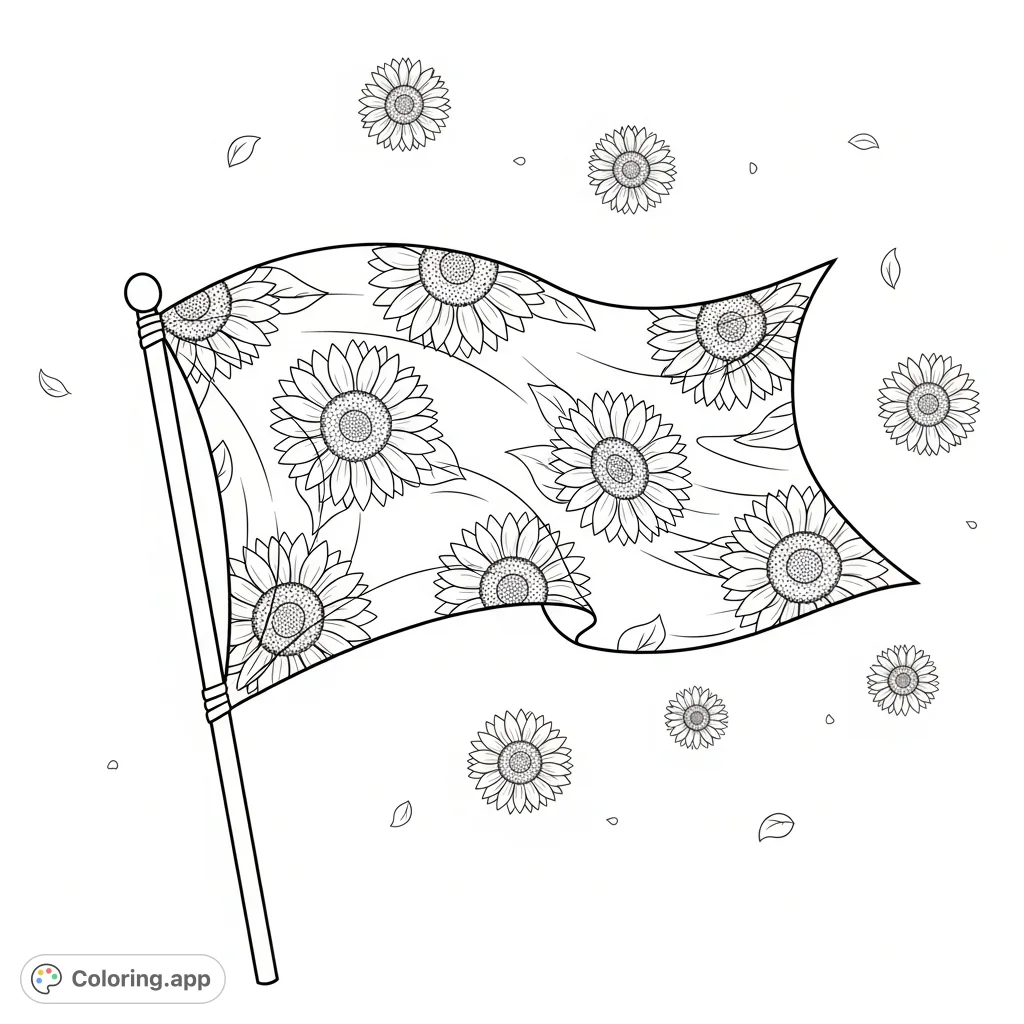 A dynamic color guard flag adorned with sunflowers, caught mid-air, gracefully floating after being thrown. A vibrant, floral coloring page.