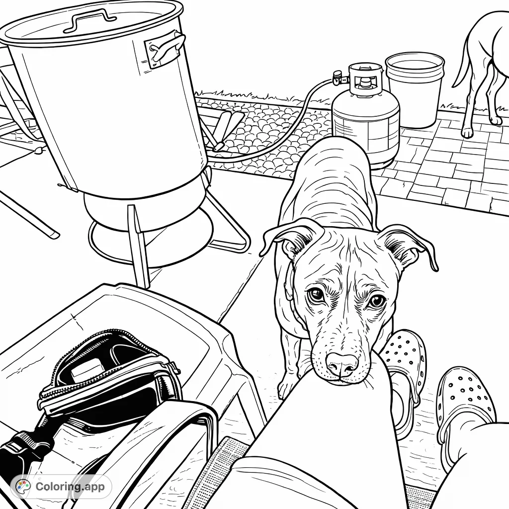A charming coloring page featuring a curious dog on an outdoor patio, complete with a cooking setup and a relaxed human companion.