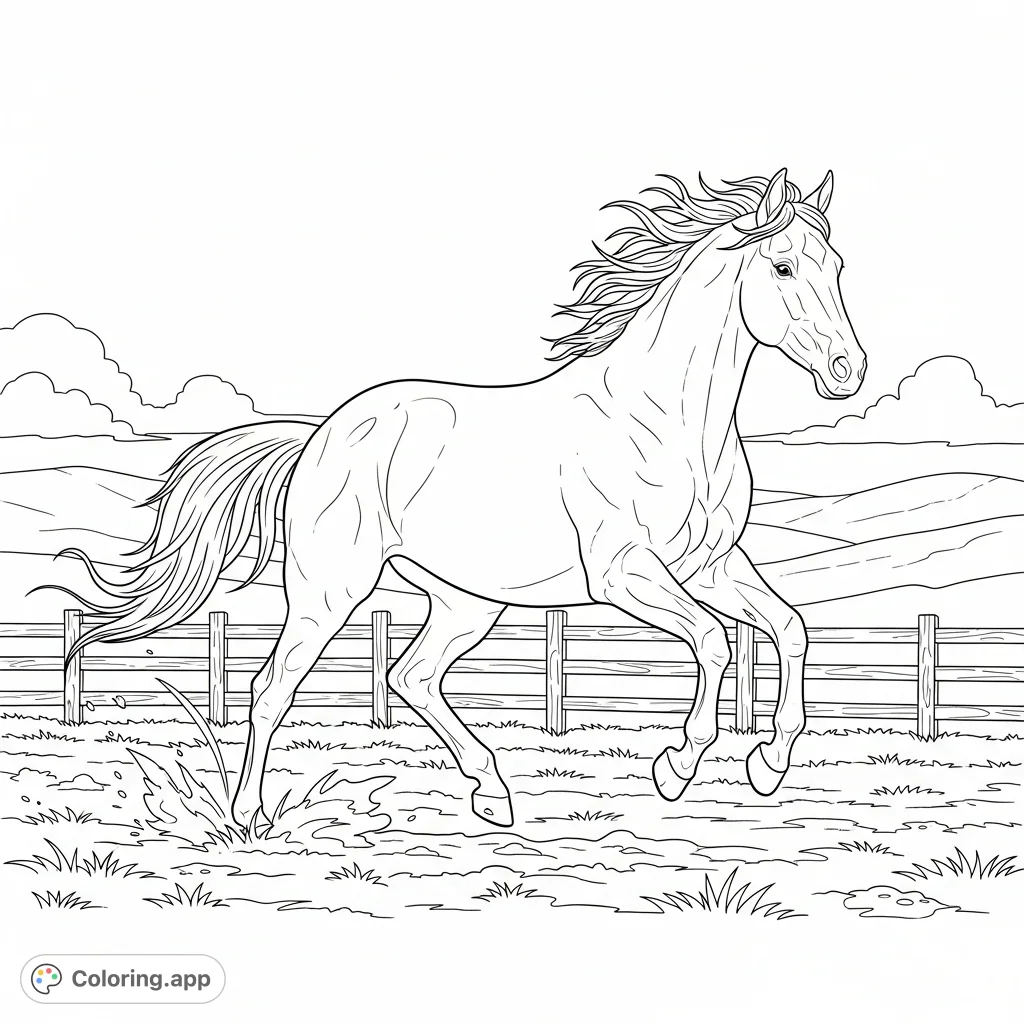 A majestic horse in full gallop across an open field, its mane and tail flowing. Perfect for horse enthusiasts of all ages.