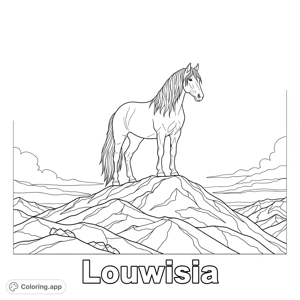 A striking horse silhouette on a rugged mountain with a flowing mane, featuring 'Louwisia' at the base. A powerful and inspiring free printable coloring page.