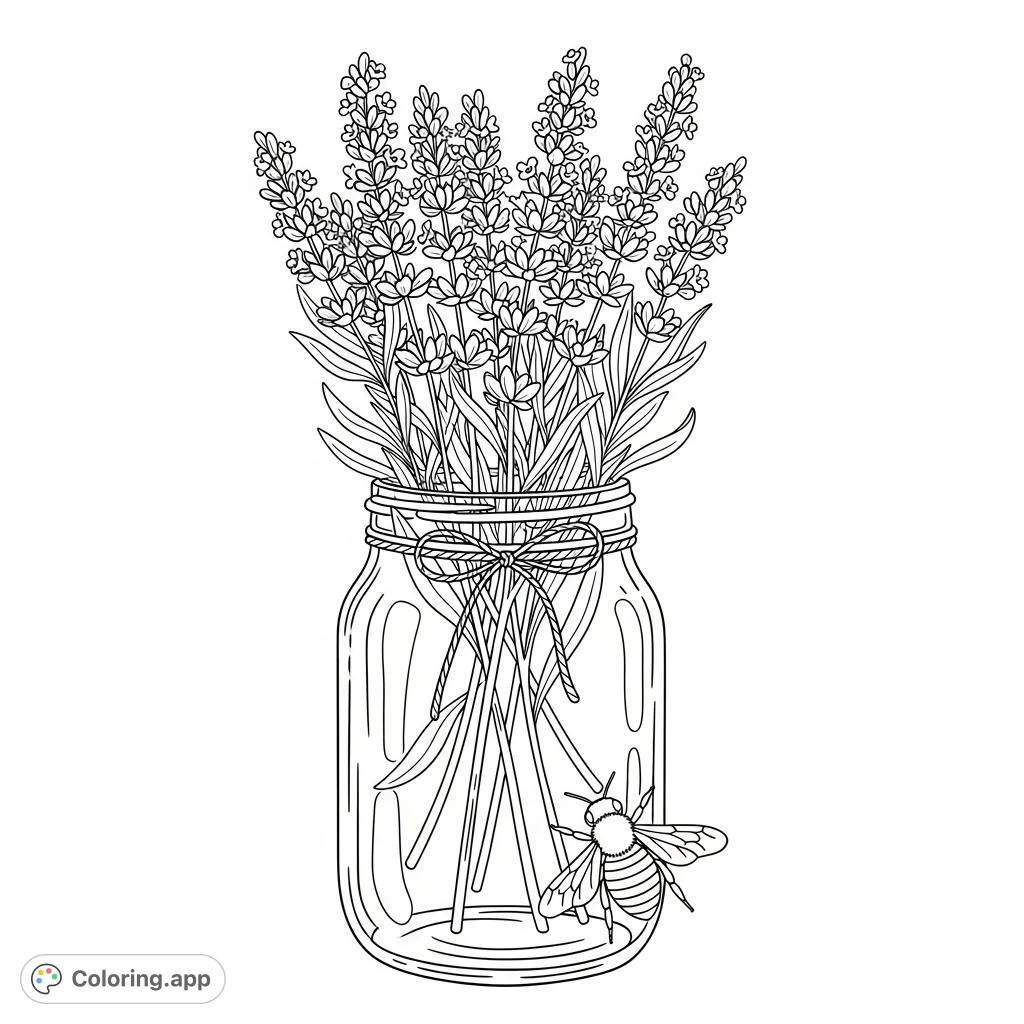 A charming mason jar brimming with delicate lavender, accompanied by a small bee. A serene, nature-inspired scene perfect for mindful coloring.
