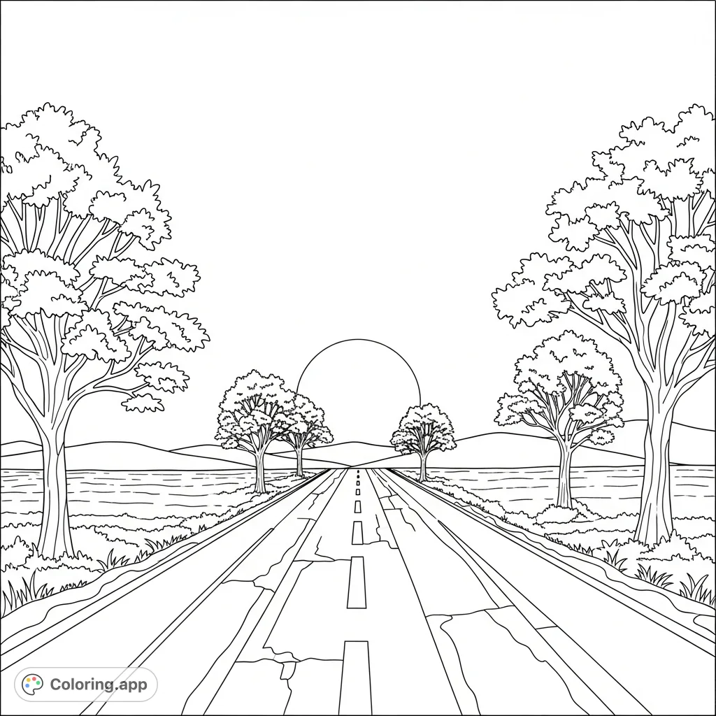Capture the serene beauty of a road disappearing into the distant horizon with a striking silhouette. A peaceful landscape for mindful coloring.