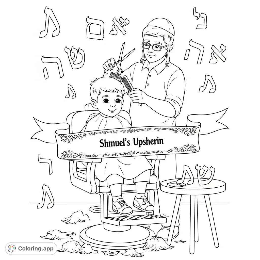 Celebrate a special milestone with this detailed first haircut coloring page, featuring a boy, barber, and whimsical Hebrew Aleph Beis letters.