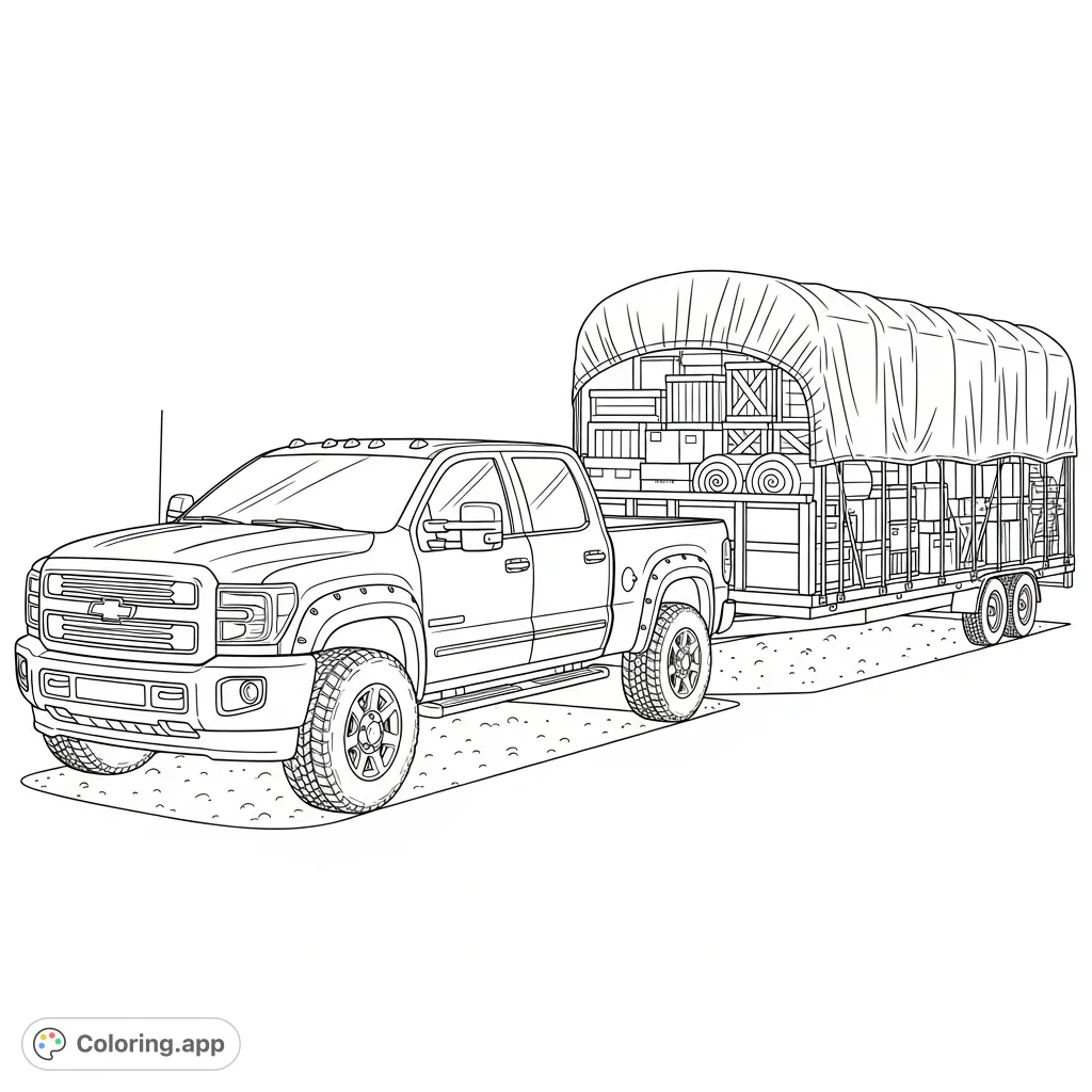 A detailed coloring page featuring a powerful pickup truck towing a packed utility trailer, ready for a grand adventure or a big move. Perfect for vehicle enthusiasts.