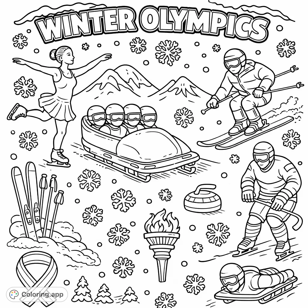 Celebrate the excitement of winter sports! This detailed coloring page features figure skating, skiing, bobsledding, ice hockey, and the Olympic torch.