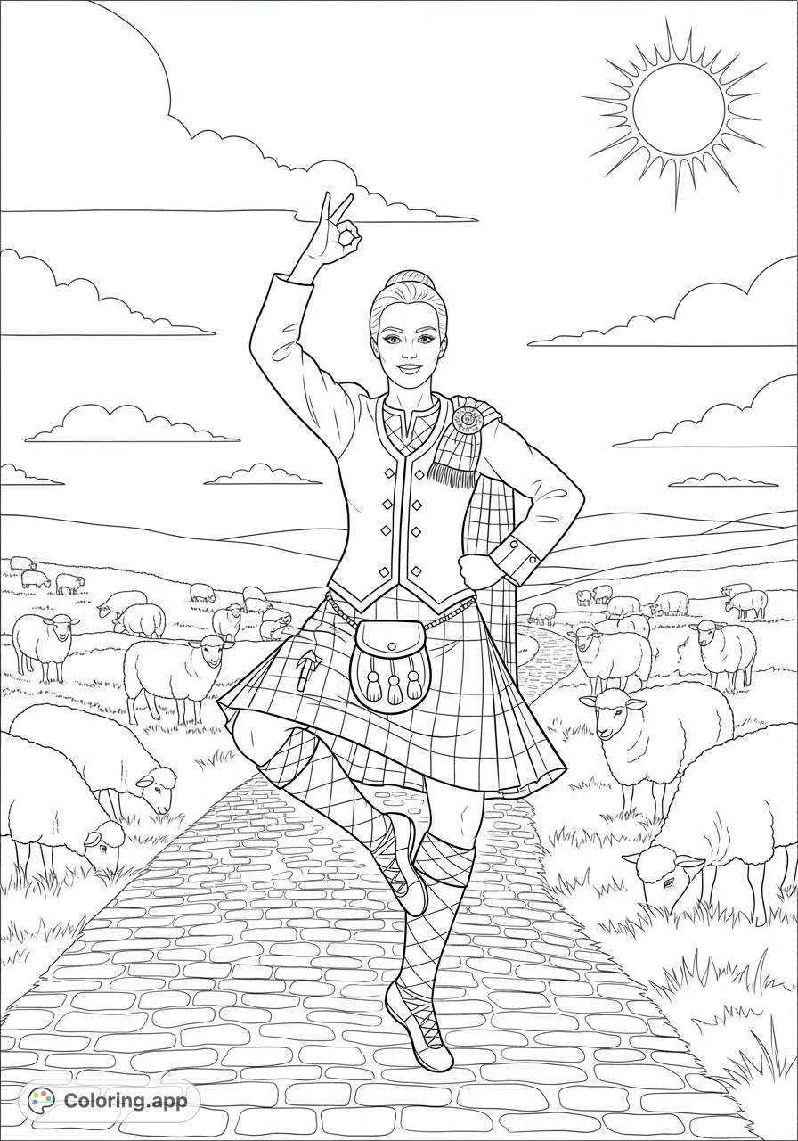 Experience the grace of a Scottish highland dancer in traditional costume amidst a picturesque highland landscape with sheep, cobblestones, and sunny skies.