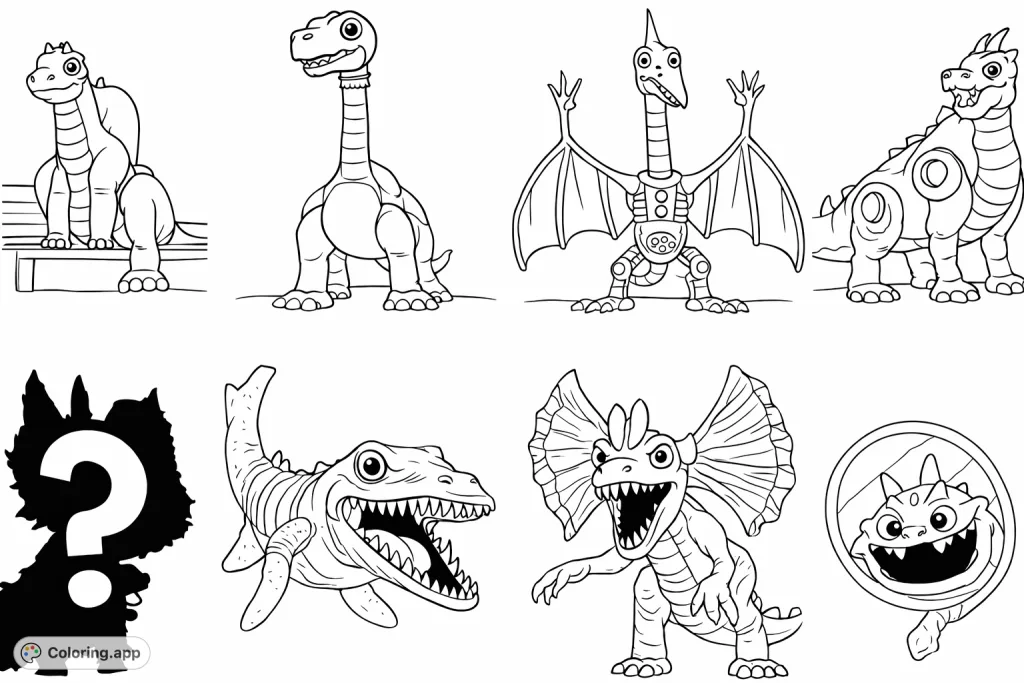Explore a delightful collection of playful robot dinosaurs with unique designs, textures, and mechanical elements, perfect for creative young colorists.