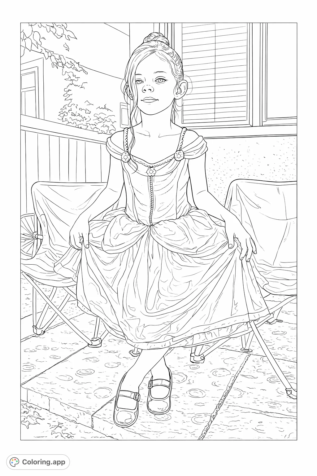A charming princess coloring page featuring a young girl in an elaborate gown, seated, ready for imaginative coloring fun for kids and adults.