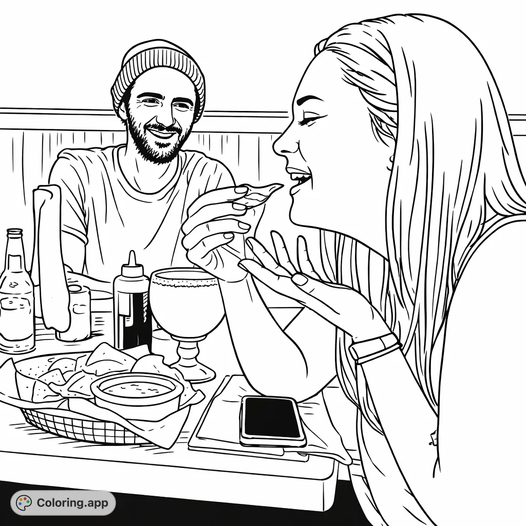 Enjoy a lively restaurant scene with friends, featuring a person about to eat a fry, a smiling companion, and a table full of chips, dips, and drinks.