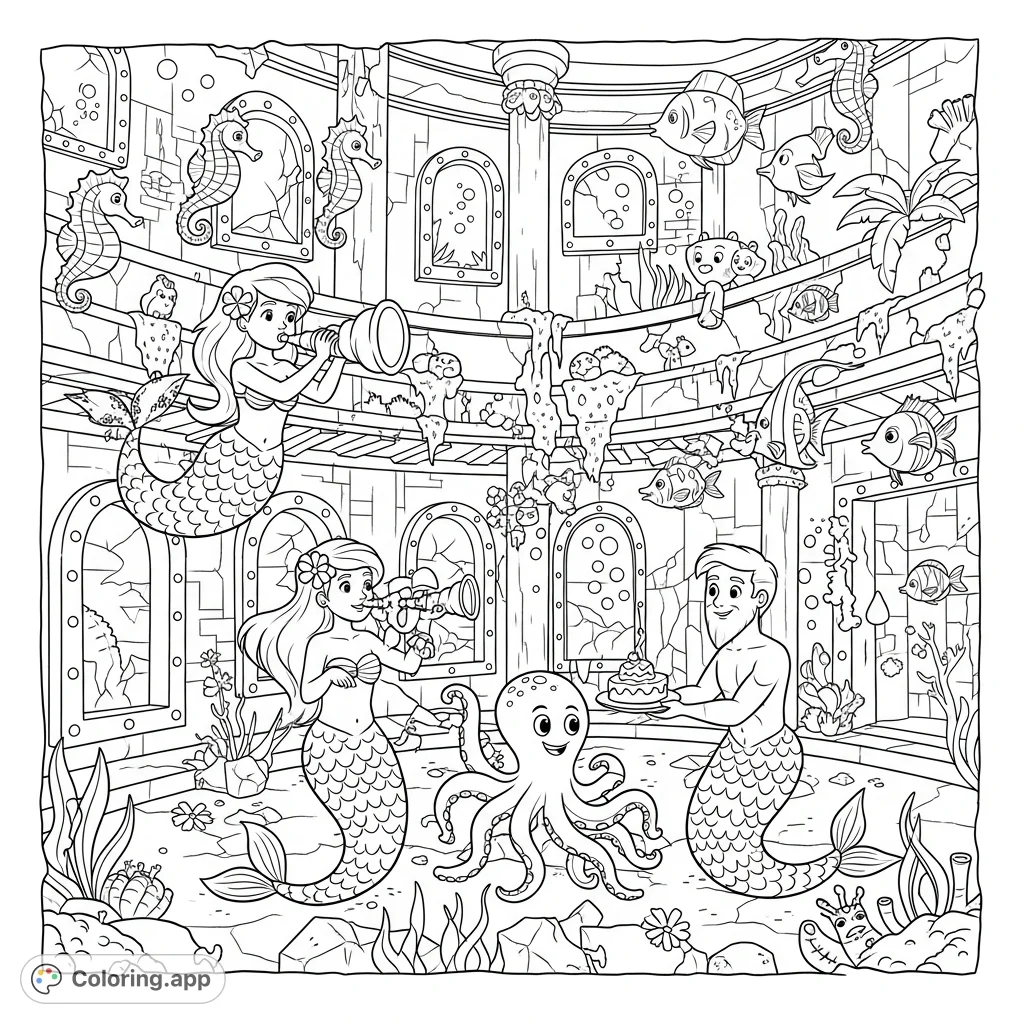 Explore an enchanting underwater party in a sunken ship ballroom, where merfolk dance with seahorses and an octopus enjoys sea cake. A magical aquatic scene!