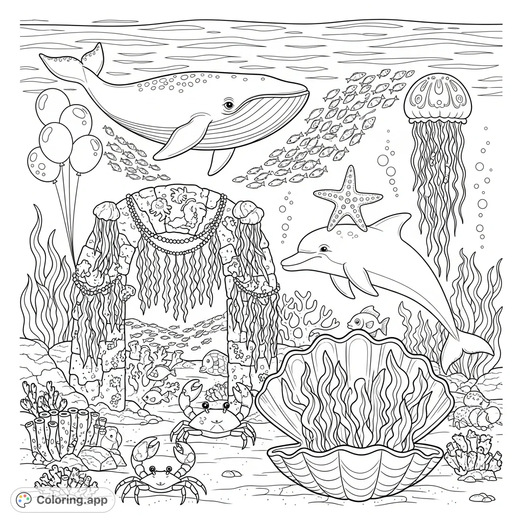 Dive into an enchanting undersea celebration featuring a majestic whale, playful dolphin, dancing fish, and a festive coral reef. A delightful free printable sea creature coloring page.