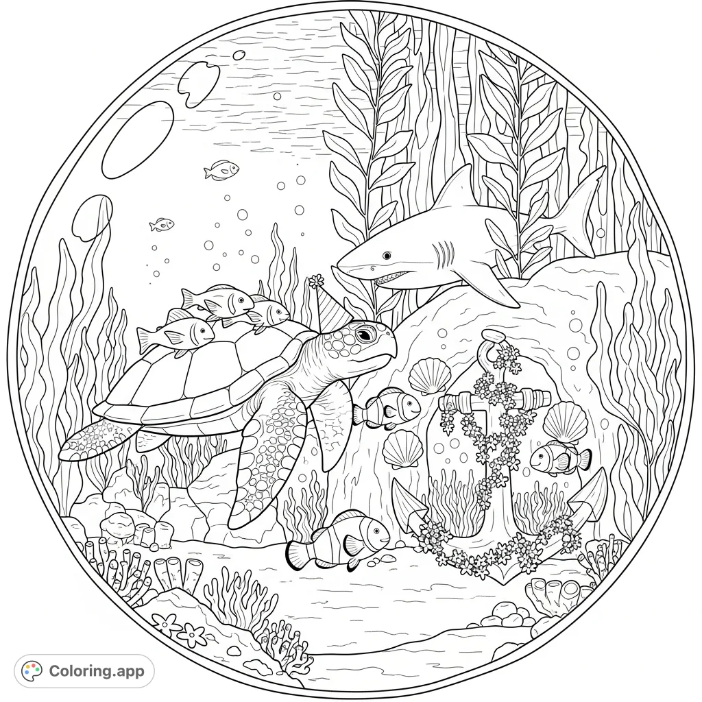 Dive into a vibrant underwater fiesta! Color a colossal sea turtle, an inquisitive shark, and clownfish decorating a grotto amidst kelp and glowing algae.