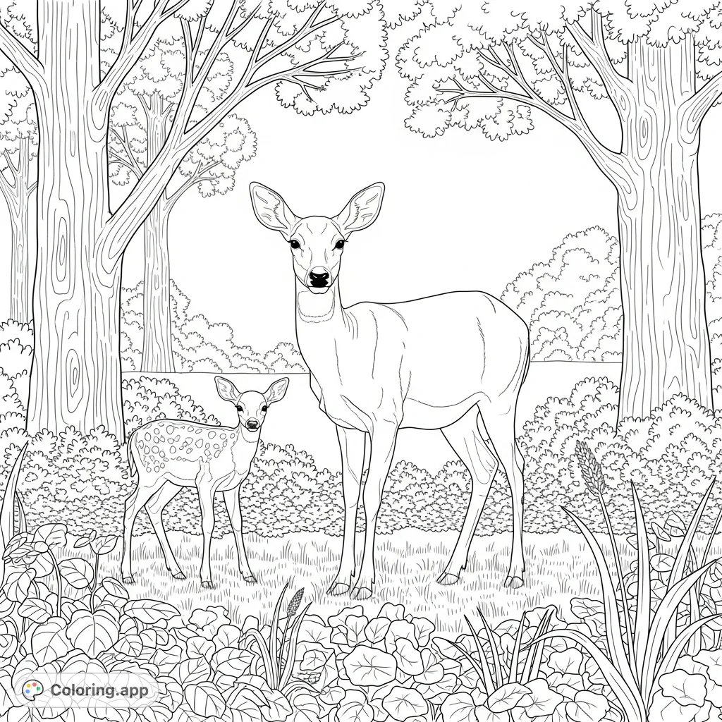 A serene forest creatures coloring page featuring a gentle mother deer and her adorable fawn grazing peacefully amidst lush foliage, perfect for animal lovers.