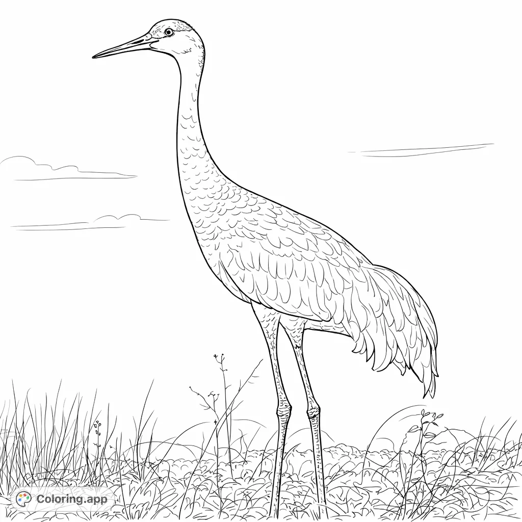 Color a graceful sandhill crane standing amidst tall grasses under an open sky, featuring intricate feather details and a realistic setting.