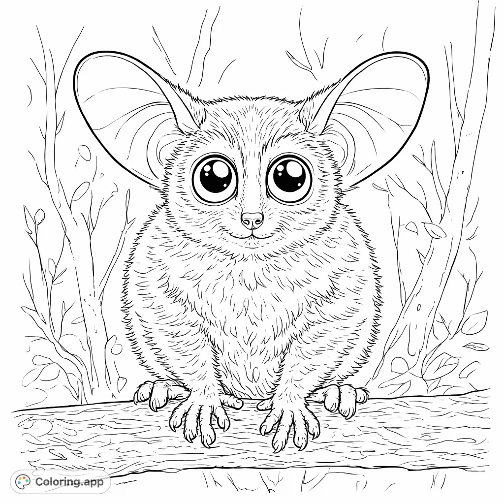 Discover an adorable bushbaby with its captivating large eyes and prominent ears, perched on a branch. A delightful animal coloring page for all ages.