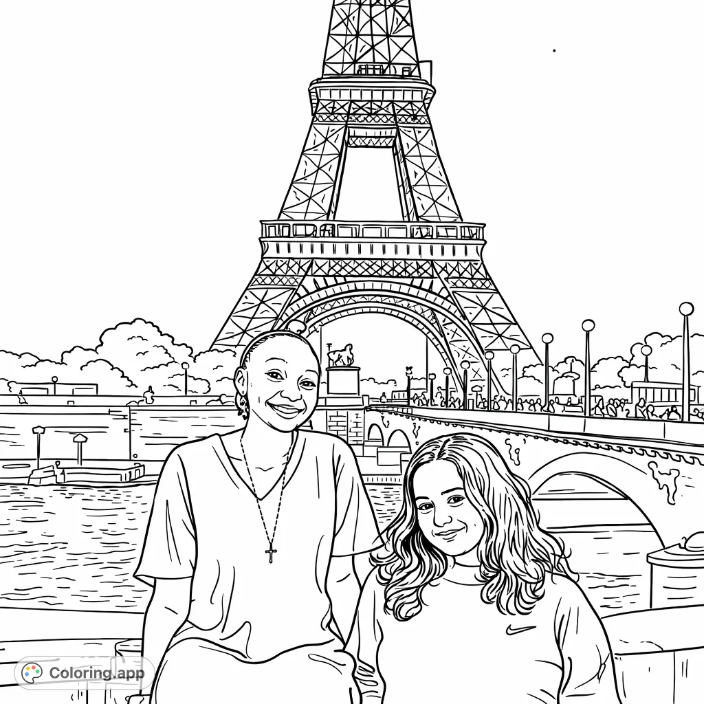 Capture the magic of a Parisian night with friends and the iconic Eiffel Tower. A detailed scene for a memorable coloring experience.