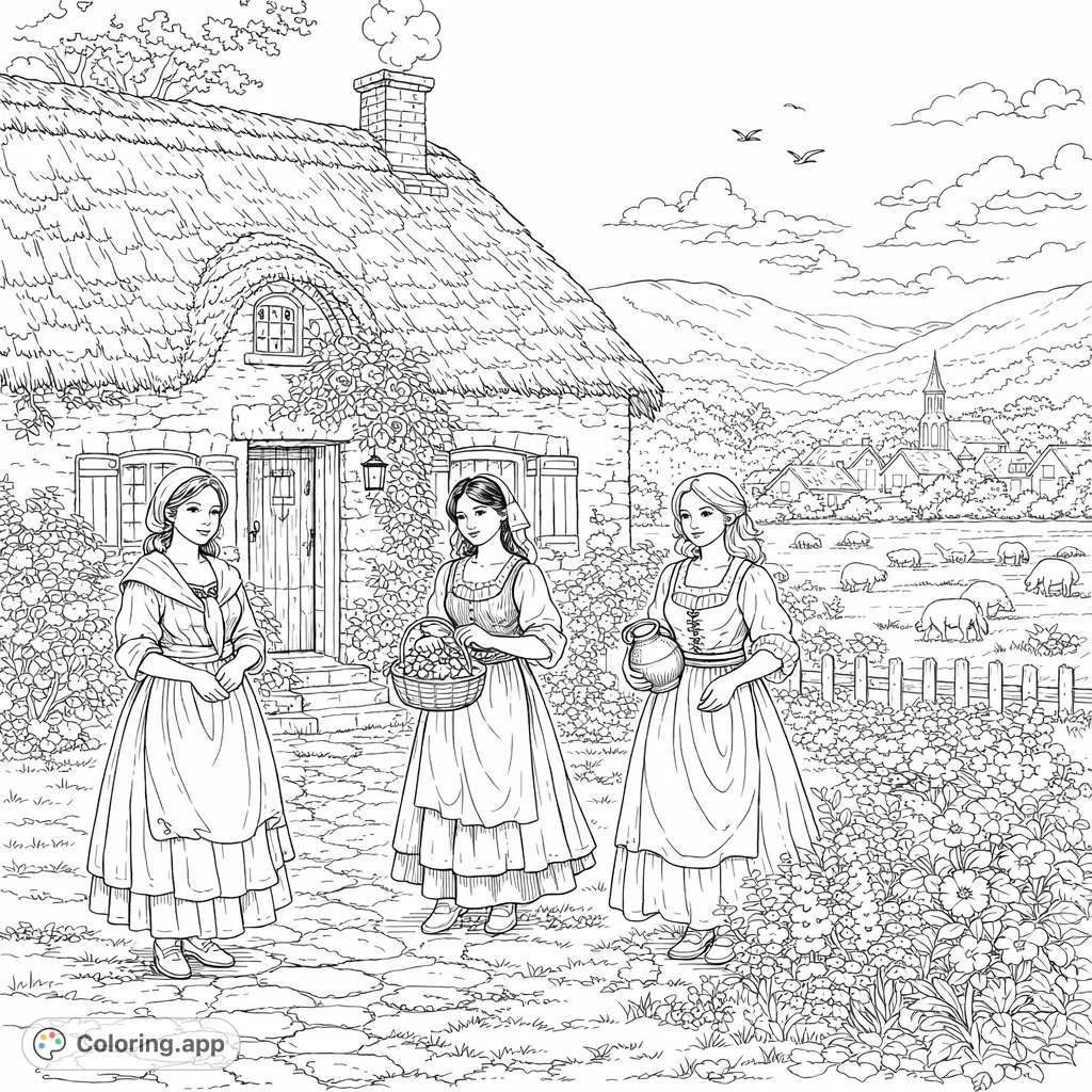 Three charming women gather outside a rose-covered cottage, with a picturesque village and grazing sheep in the scenic background. A delightful country scene.