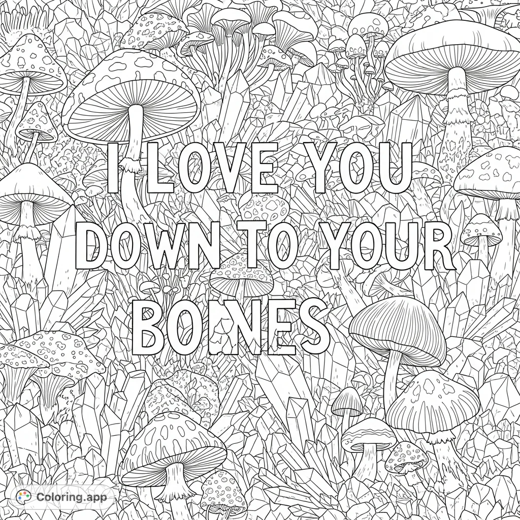 An intricate coloring page featuring the phrase "I love you down to your bones," surrounded by a dense, beautiful network of mushrooms and crystals.