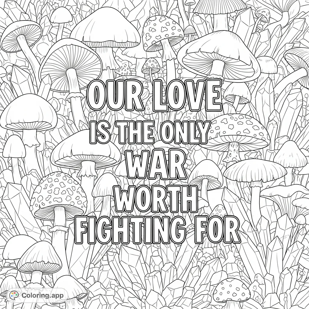 A unique coloring page featuring the empowering quote "Our love is the only war worth fighting for," surrounded by a detailed forest of mushrooms and sparkling crystals. Perfect for reflection and creativity.