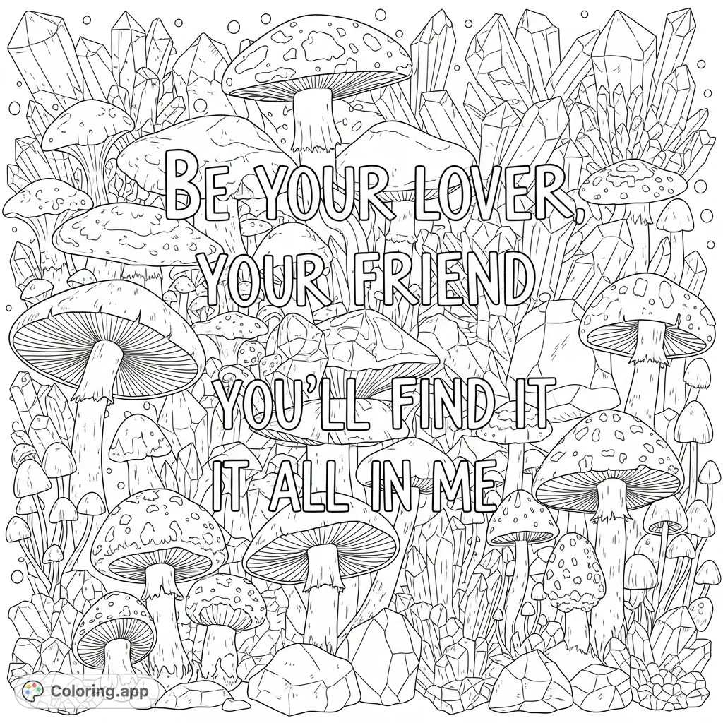 An enchanting scene with intricate mushrooms, sparkling crystals, and an inspiring quote woven throughout. Explore natural magic and deep connection.