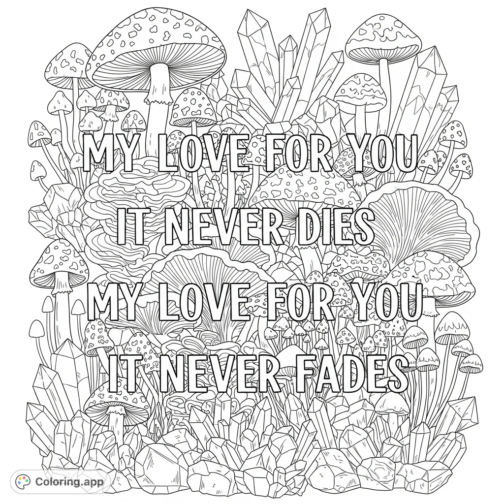 An intricate coloring page featuring the heartfelt message "My love for you it never dies my love for you it never fades" amidst a captivating tapestry of diverse mushrooms and shimmering crystals. A truly unique and meaningful design.