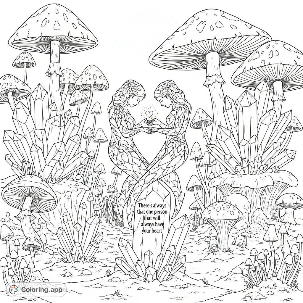 Discover a heartfelt fantasy coloring page featuring intertwined figures, abundant mushrooms, and sparkling crystals, with a poignant quote.