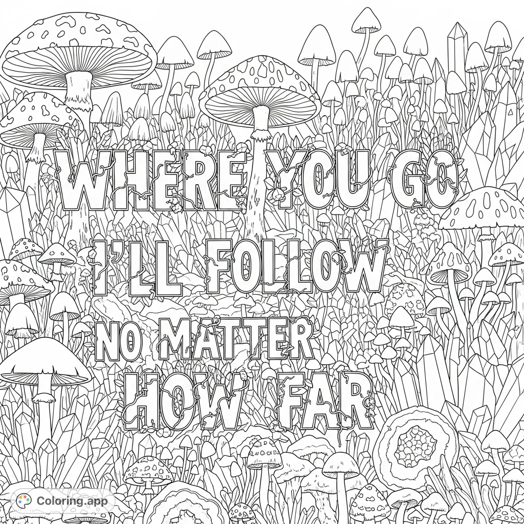An enchanting fantasy coloring page featuring intricate mushrooms and sparkling crystals, interwoven with the inspiring quote...
