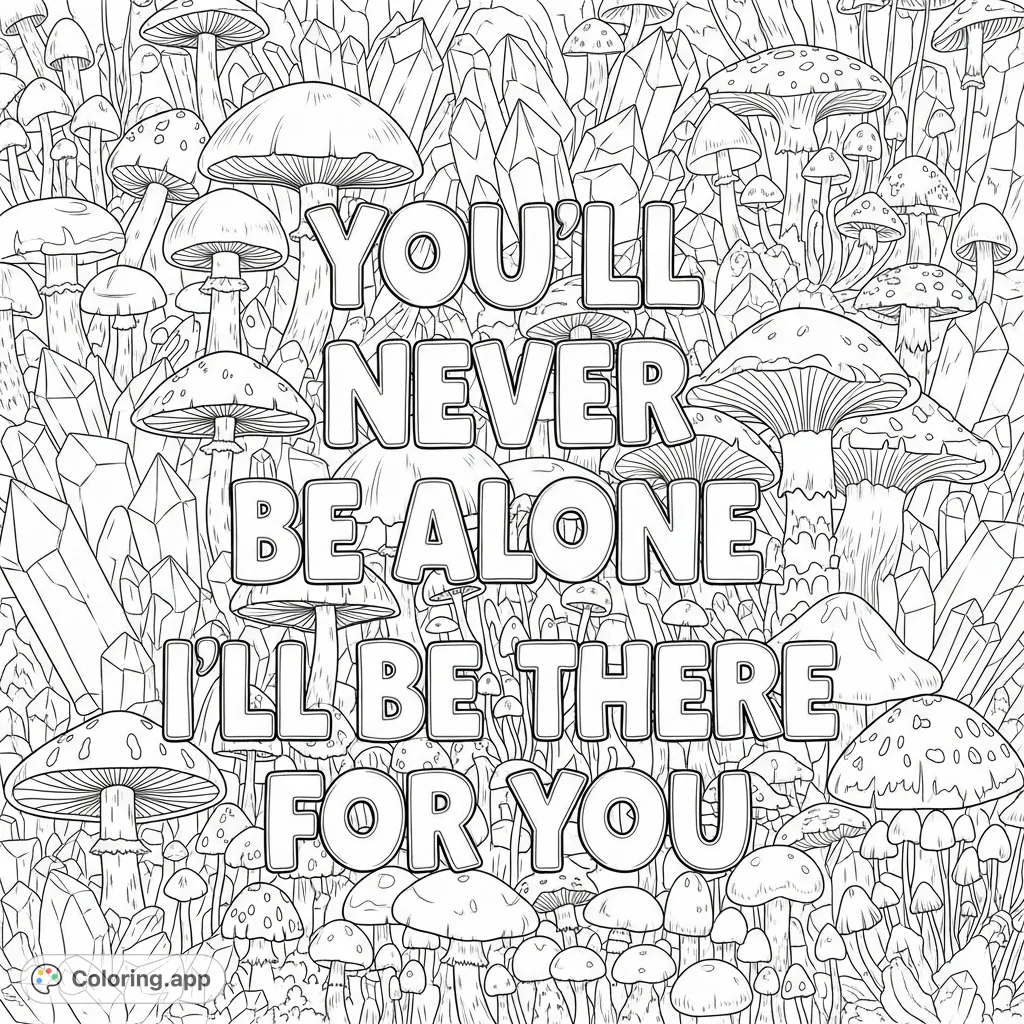 A whimsical forest floor teeming with diverse mushrooms and shimmering crystals, featuring the inspiring text 'You'll never be alone I'll be there for you'.