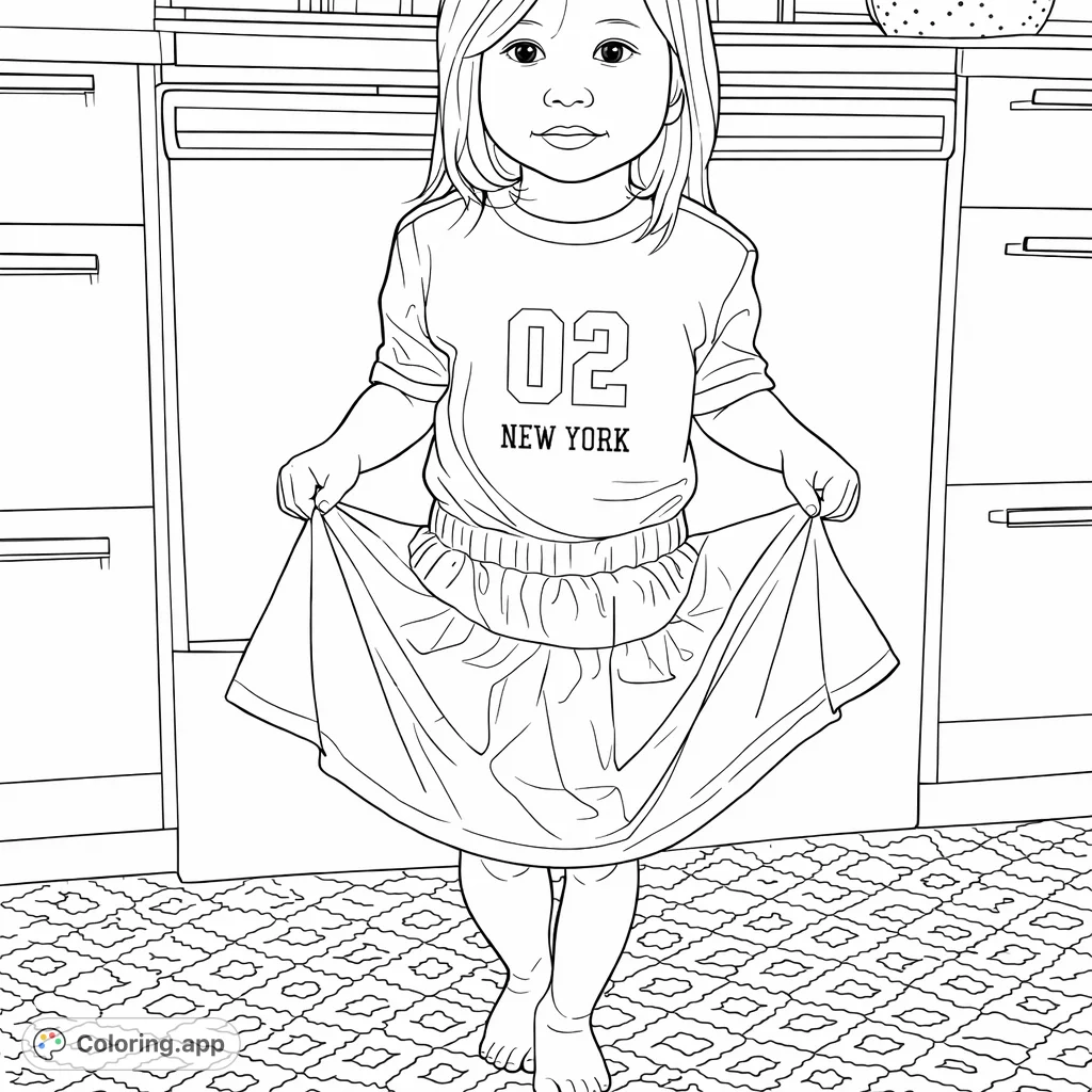 A delightful coloring page featuring a child playfully holding out their skirt in a kitchen, set against patterned flooring. Perfect for imaginative coloring!