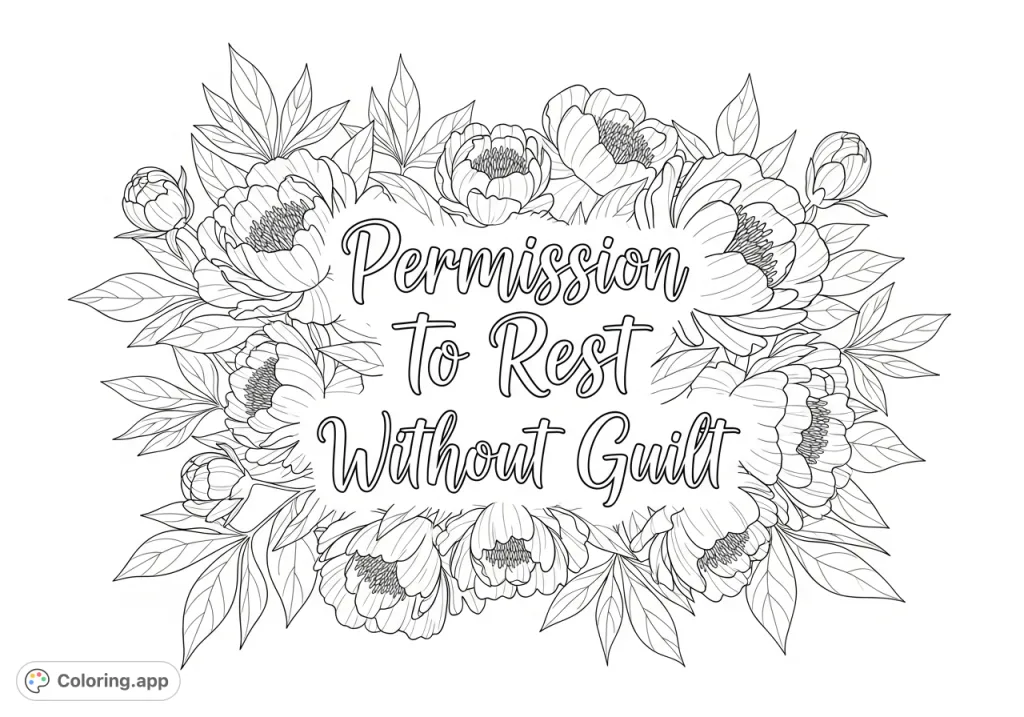 An intricate botanical coloring page featuring lush peonies and elegant hand-lettering of "Permission to Rest Without Guilt" for mindful coloring.