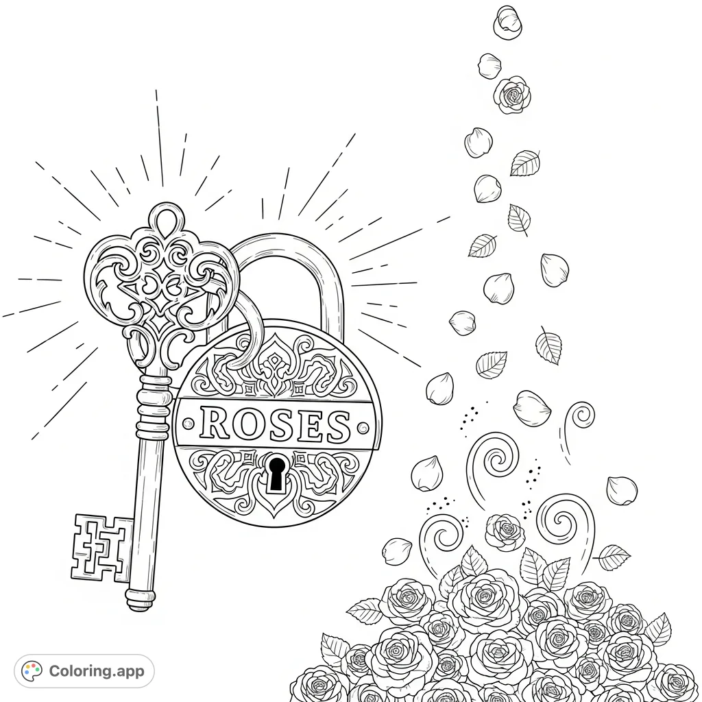 Unlock your creativity with this intricate key and lock design, adorned with the word "ROSES" and surrounded by a beautiful cascade of blossoms.