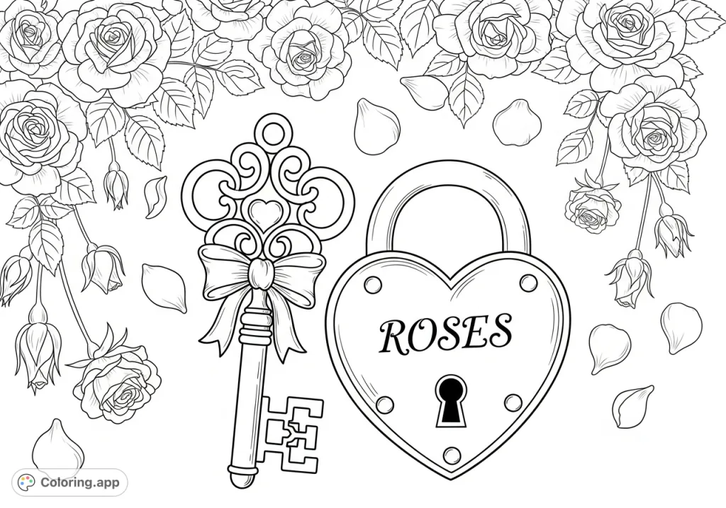 Uncover a romantic Key and Lock coloring page featuring the word ROSES in elegant cursive, surrounded by gracefully falling rose blossoms and petals.