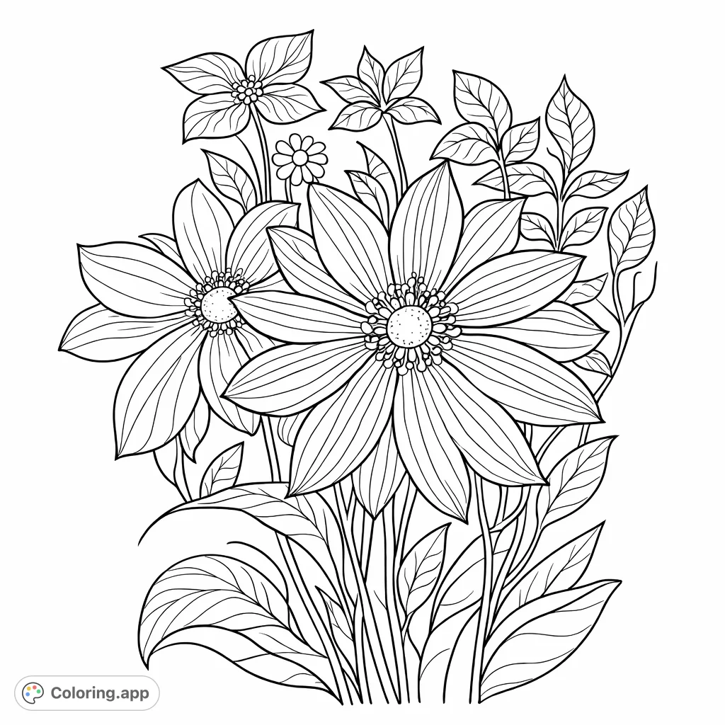 Dive into a stunning botanical coloring page featuring a lush arrangement of intricate flowers and detailed leaves. Perfect for nature lovers to bring to life.