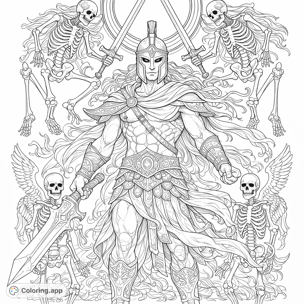 Embark on an epic fantasy adventure with this mythic warrior coloring page. Confront a formidable hero amidst a skeletal horde, offering intricate details and thrilling action.