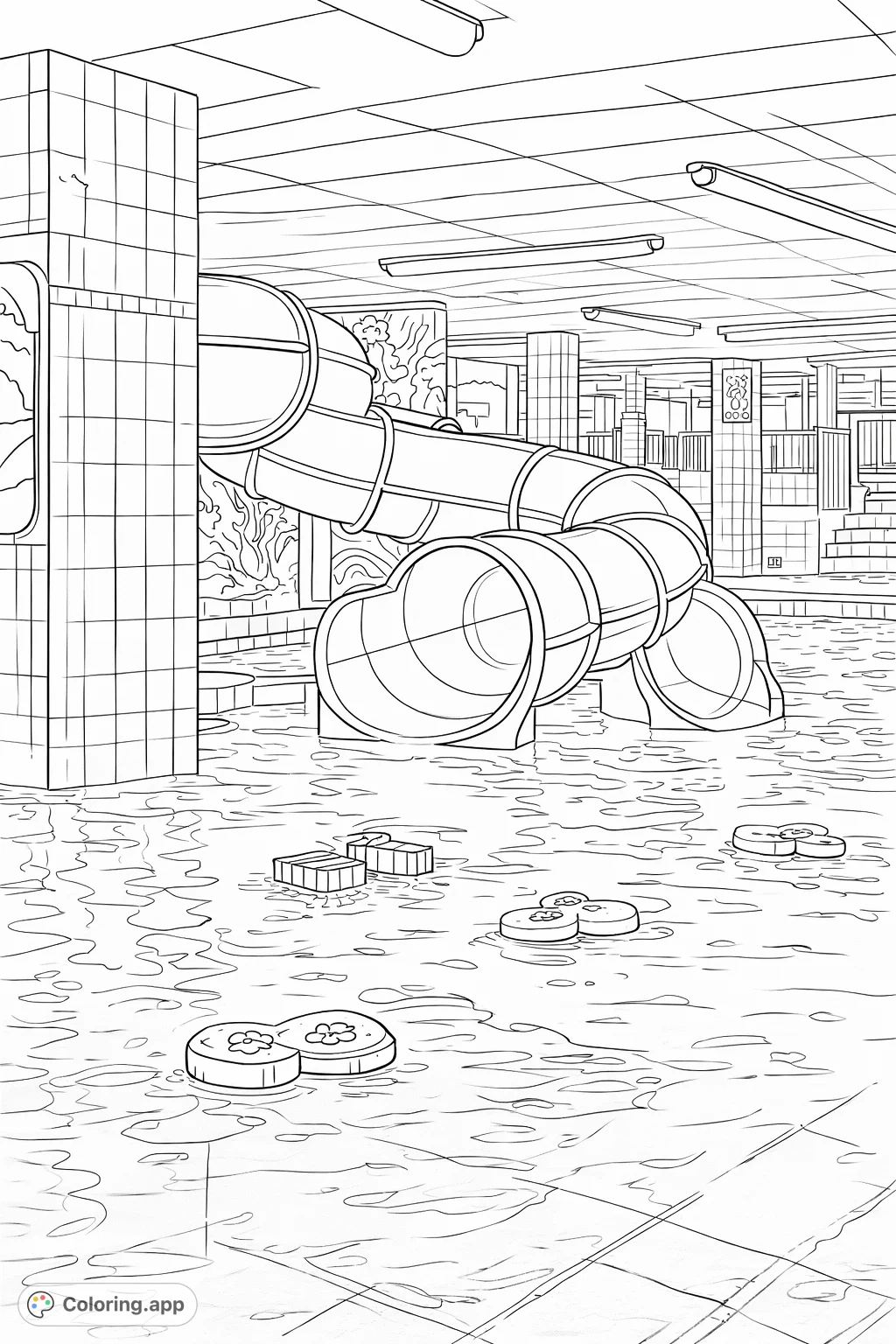 Explore an intriguing indoor pool scene featuring a large water slide, tiled walls, and floating objects, inviting creative interpretations with your favorite colors.