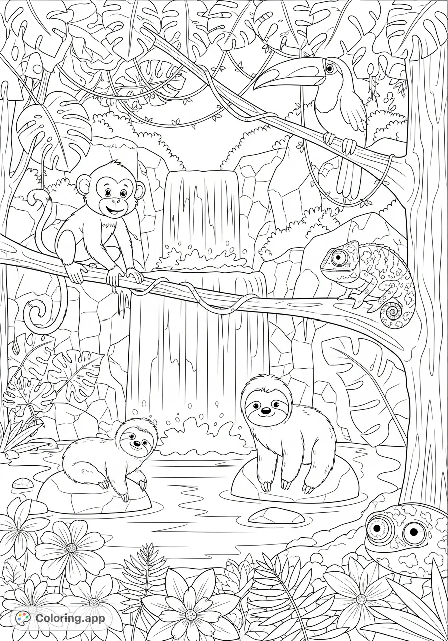 Explore a charming jungle waterfall coloring page, featuring playful monkeys, lazy sloths, curious toucans, and hidden chameleons amidst lush foliage.