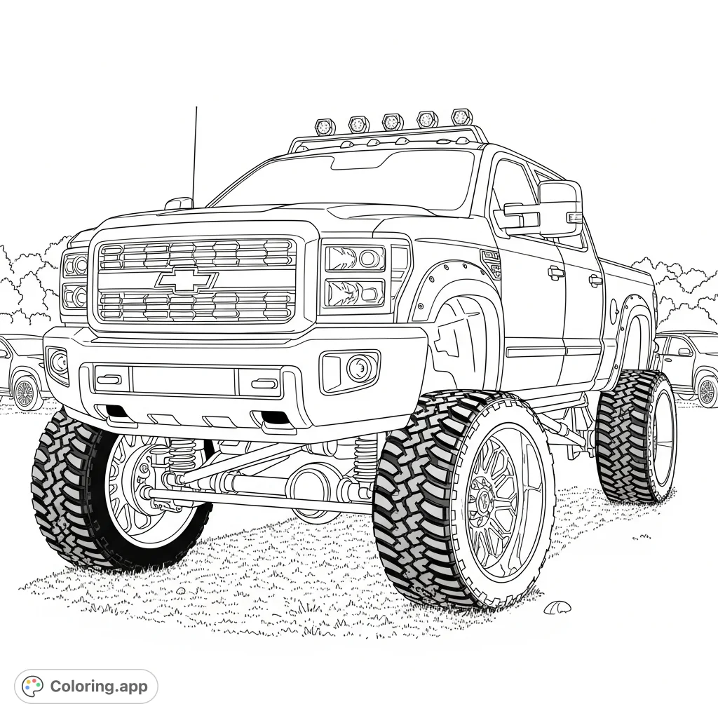 A detailed coloring page featuring a large, lifted off-road pickup truck with massive tires, prominent suspension, and rugged features, ready for adventure.