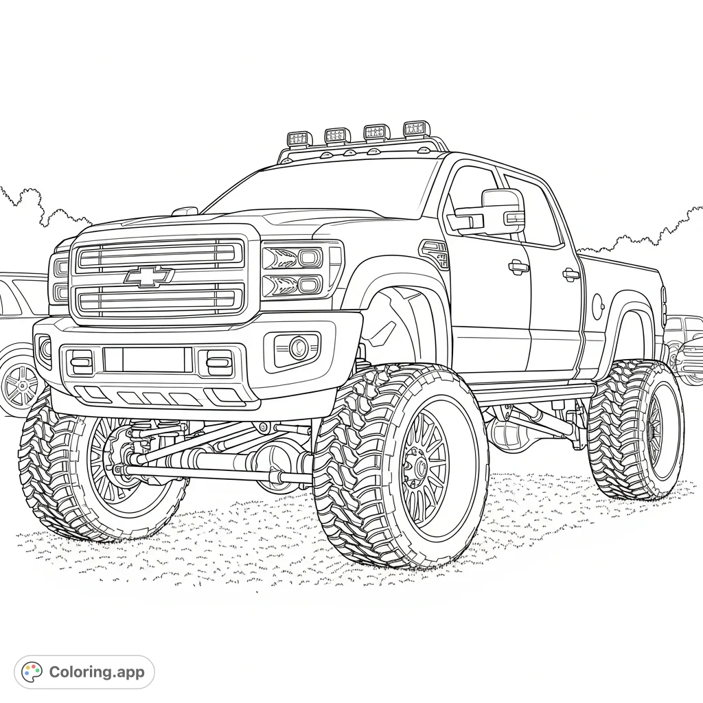 Color a powerful, lifted pickup truck with massive tires, intricate wheels, and visible suspension. A detailed vehicle for enthusiasts.