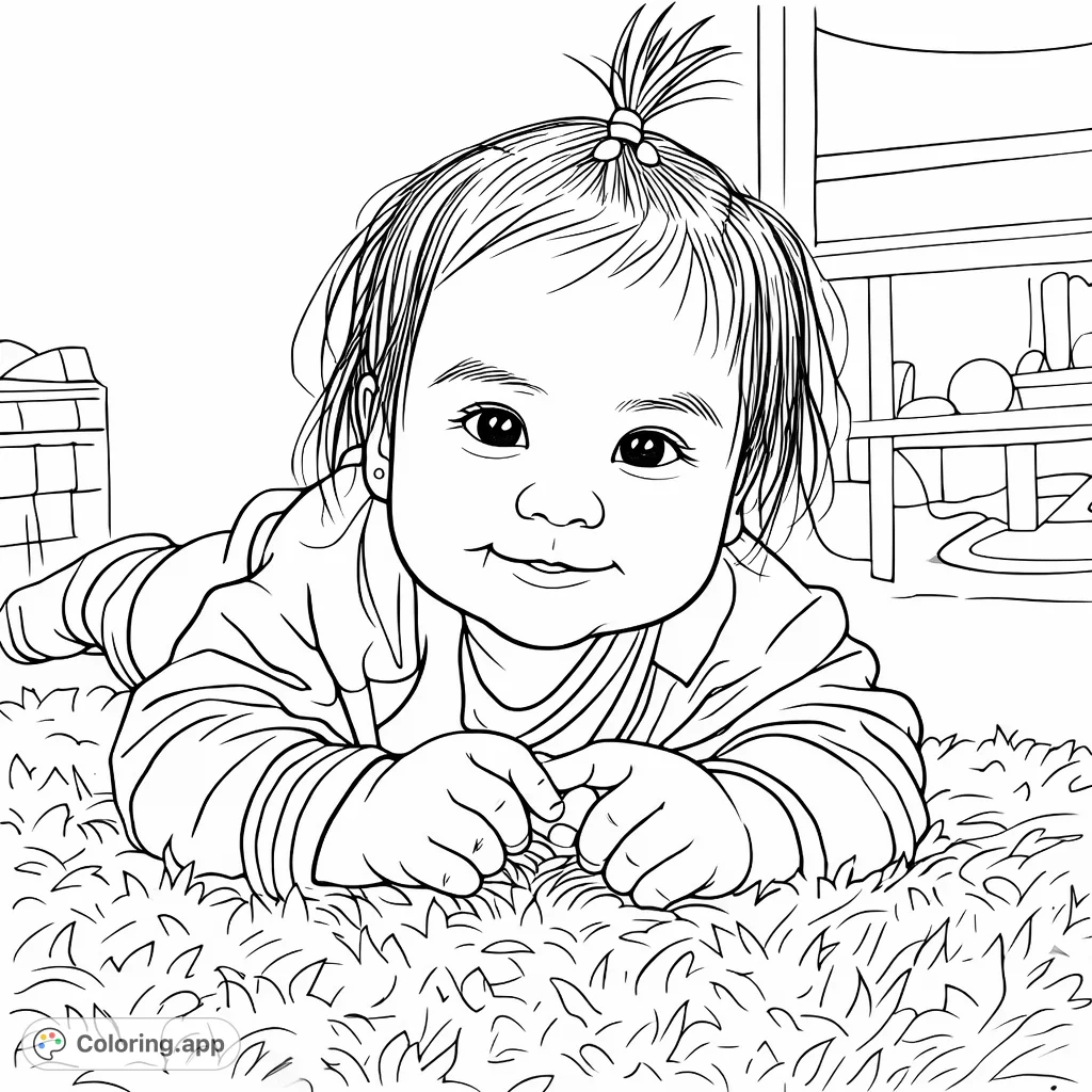A delightful baby with a joyful expression, propped on a soft rug, ready for a splash of color. A charming and heartwarming scene.