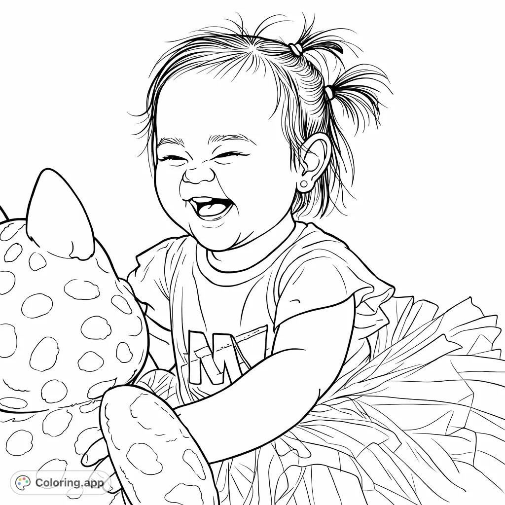 Capture pure delight with this adorable baby coloring page! A smiling child cuddles a plush toy, dressed in a ruffled top and a layered skirt.