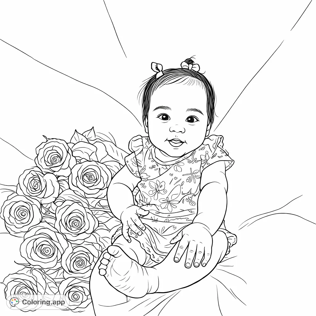 A delightful baby with charming pigtails lies beside a beautiful cluster of roses on a soft blanket, offering a heartwarming scene to color.