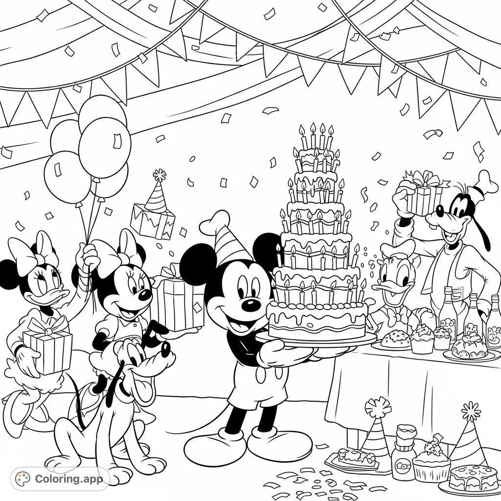 Join Mickey Mouse and friends for a joyous birthday celebration! This festive coloring page features beloved characters, cake, balloons, and gifts.