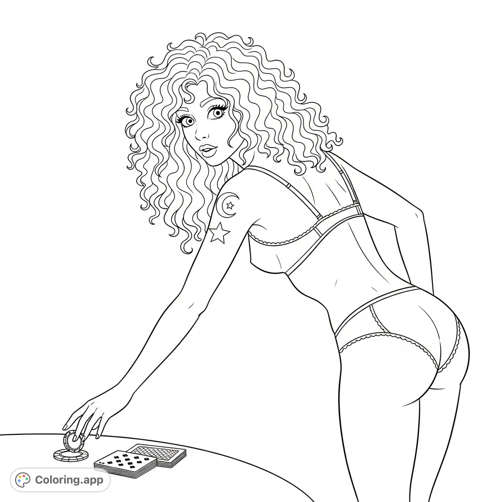An alluring adult coloring page featuring a slender woman in lingerie with cascading hair, reaching for a poker chip, perfect for experienced colorists.
