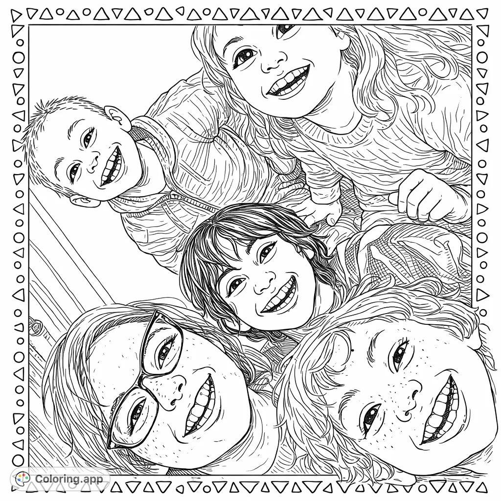 Capture the warmth of family with this hand-drawn portrait featuring four joyful, smiling faces. Add geometric patterns to personalize this heartwarming family scene.